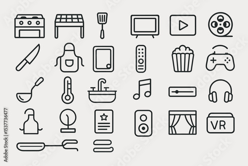 Minimalist kitchen and entertainment icons with appliances and gadgets