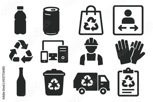 Recycling icons set: bottles, cans, bins, and more