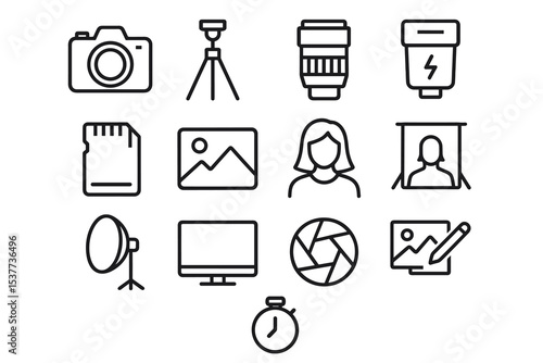 Photography icons: camera, tripod, lens, flash, memory card, portraits