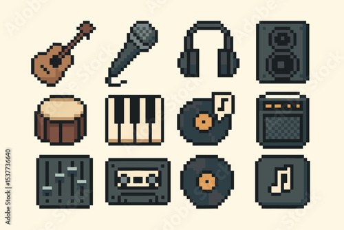Pixel art musical instruments and audio equipment icons
