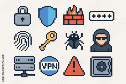 Pixel art cybersecurity icons: lock, shield, firewall, hacker, vpn, password, key