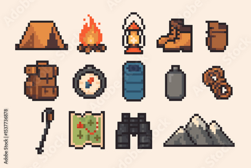 Pixel art camping gear collection with tent, compass, and backpack