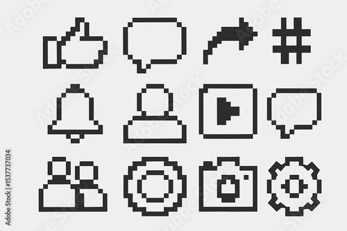 Set of retro pixel art social media icons in black and white