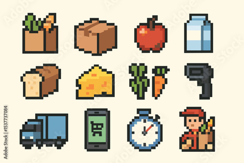 Pixel art grocery icons: food, delivery, and shopping essentials