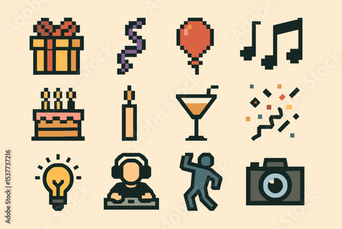 Pixel art party icons: gifts, music, dance, celebration elements in retro style