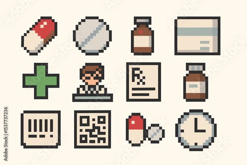 Retro pixel art style pharmacy icons including pills, medicine bottles, and prescription elements