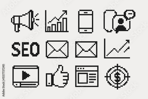 Black and white pixel art icons of marketing and seo tools