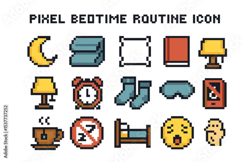 Pixel art bedtime routine icons: moon, clock, pillow, lamp, sleep mask, tea