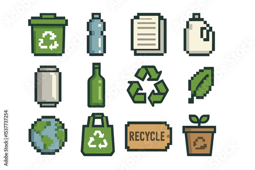 Pixel art recycling icons with green eco-friendly designs