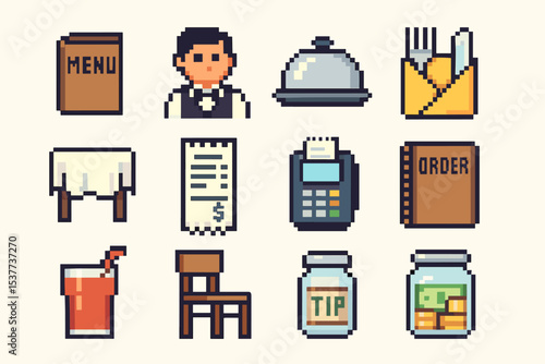 Pixel art restaurant icons: waiter, dining items, payment symbols, and more