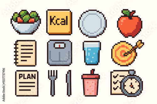 Pixel art icons of healthy eating and fitness