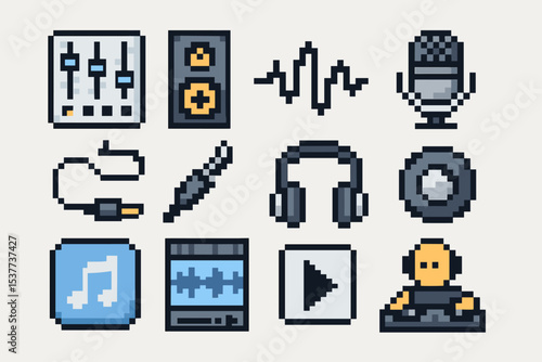 Pixel art audio icons: headphones, microphone, dj, and music tools