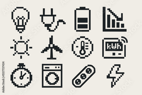 Pixel art energy icons: lightbulb, battery, wind turbine, thermometer, stopwatch, power plug
