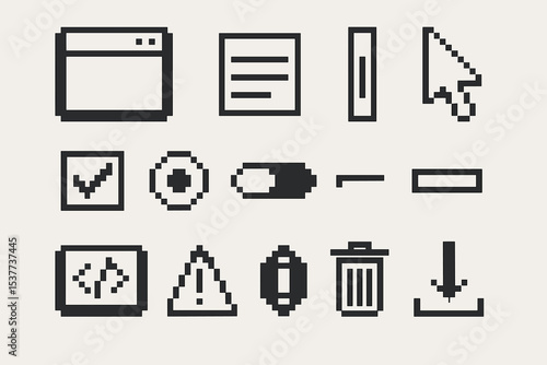 Pixel art collection of web and interface icons in black and white