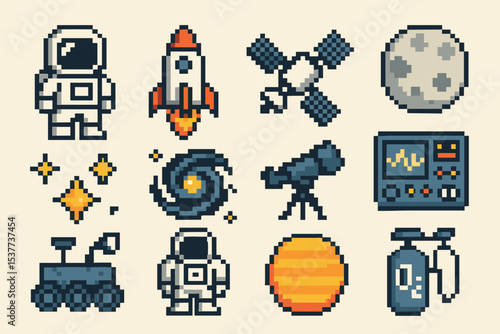 Retro pixel space icons: astronauts, rockets, rovers, telescopes, and planets