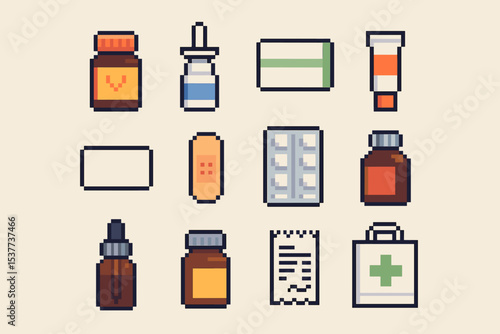 Pixel art medical supplies: bottles, bandages, pills, and pharmacy icons