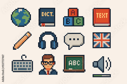 Pixel art educational icons featuring dictionary, pencil, headphones, and globe