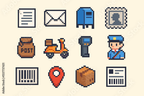 Pixel art postal icons including mailbox, stamps, and delivery elements