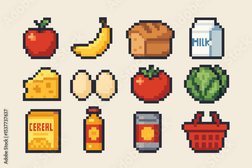 Pixel art groceries: fruits, vegetables, dairy, and pantry items in retro style