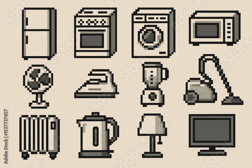 Pixel art home appliances: fridge, oven, blender, tv, lamp, vacuum, fan, iron