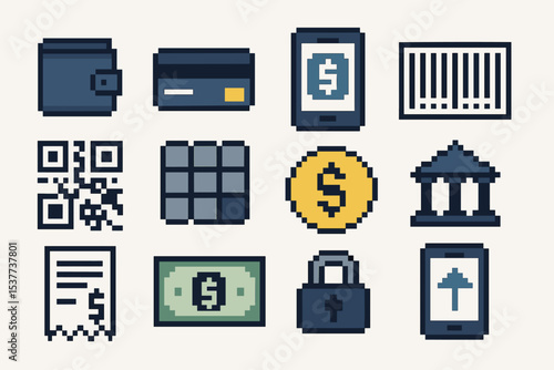 Pixel art financial icons: wallet, credit card, mobile payment, qr code, currency symbol