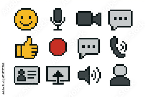 Pixel art icons: communication and multimedia symbols
