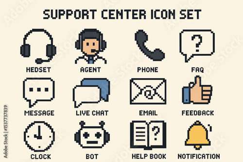 Pixel art support center icon set: headset, agent, phone, faq, messaging tools