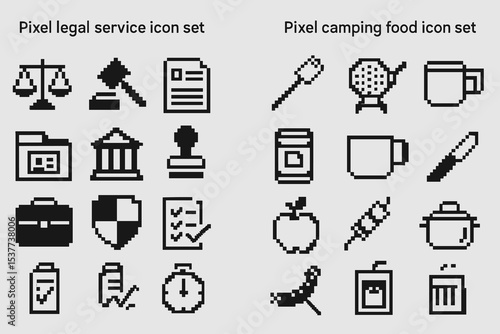 Pixel art icons: legal services and camping food collection