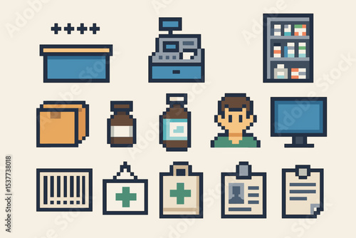 Pixel art pharmacy and medical supplies icons collection