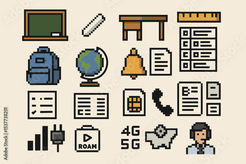Pixel art: school and communication icons featuring backpack, globe, and desk items
