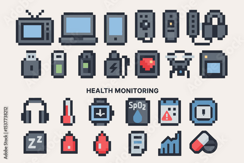 Pixel art gadgets: technology and health monitoring icons collection