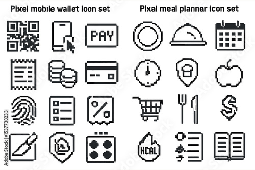 Pixel icon set for mobile wallet and meal planner with qr code and shopping cart