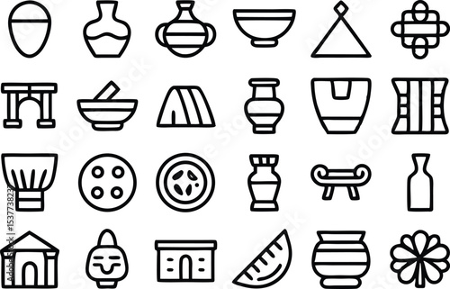 Outline cultural icon set featuring various cultural symbols isolated on transparent background