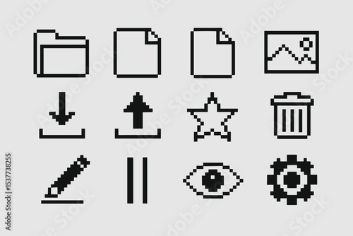 Retro pixel art icons set: folder, file, image, download, upload, star, trash, pencil, pause, eye, gear