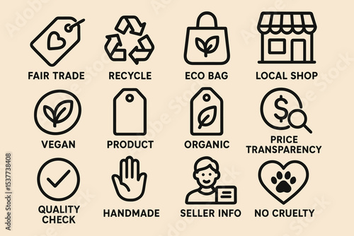 Eco-friendly fair trade icons for sustainable shopping and organic products