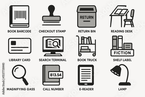 Library icons: barcode, stamp, return bin, desk, card, terminal, truck, fiction, magnifier, call number, e-reader, lamp