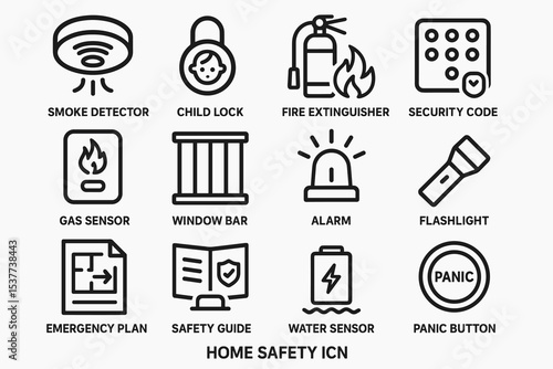 Essential home safety icons: smoke detector, child lock, fire extinguisher, security code, alarm