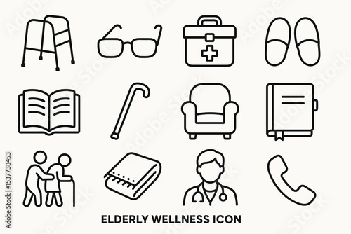 Elderly wellness icons: health care, mobility aid, senior assistance, medical, comfort