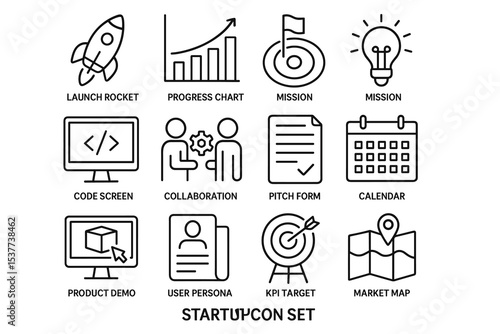 Startup icon set featuring rocket, chart, mission, code, and collaboration symbols