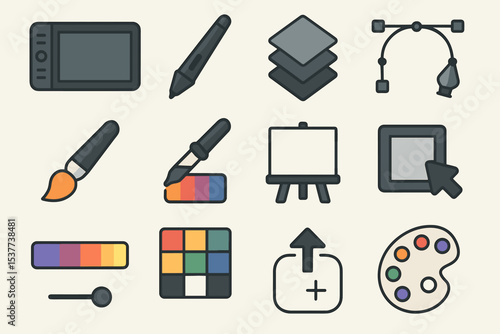 Digital art tools and icons: tablet, brush, pen, layers, palette