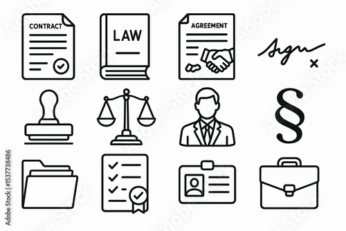 Legal icons collection: contracts, agreements, law book, scales, briefcase