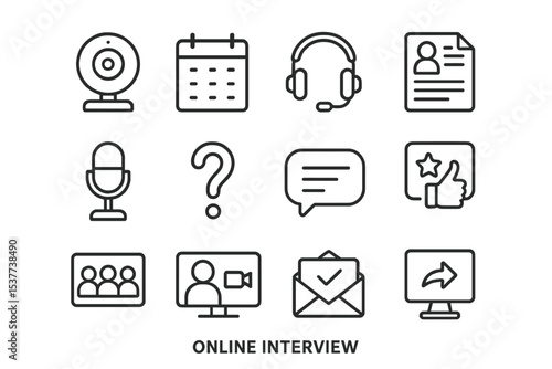 Online interview icons: webcam, calendar, microphone, chat, video call symbols