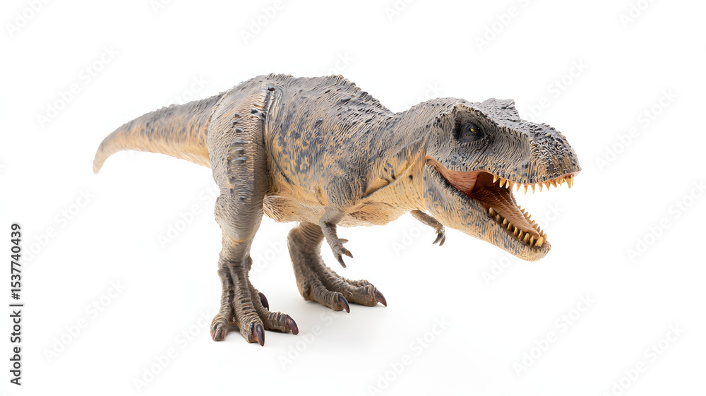 Fototapeta premium Ferocious T-Rex figurine with detailed scales and teeth, isolated on white, conveying primal power and prehistoric terror.