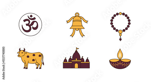 Hinduism symbols vector illustration featuring om, bell, beads, cow, temple and diya for religious designs