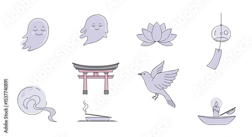 Spiritual wellness and peace vector illustration with ghosts, lotus, torii gate and candle for meditation