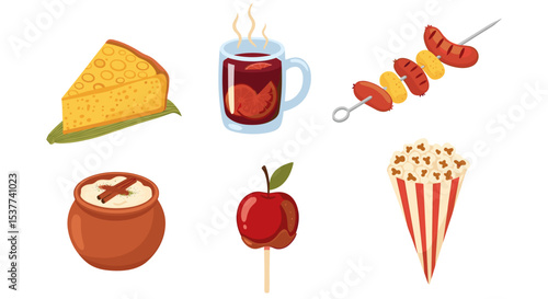 Delicious autumn treats and snacks including cake, mulled wine, skewer, apple and popcorn vector art