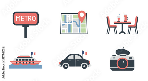 Paris travel guide icons set featuring metro sign map cafe car boat and camera for tourism and vacation planning