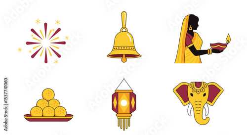 Diwali festival vector illustration with diya, sweets, bell, fireworks, elephant and lantern design