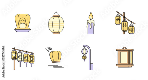 Collection of asian lanterns and candle vector illustration for decorative and festive design elements