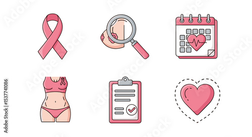 Breast cancer awareness month illustration featuring ribbon breast exam calendar and health check up icons set design